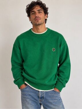 Vintage 90s Tommy Hilfiger Green Crest Cotton Sweater – Men’s Large